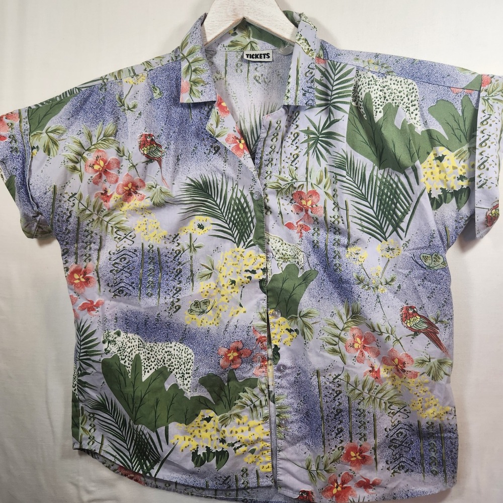 Vintage Tickets Tropical Safari Print Button Down Shirt Purple Short Sleeve XL